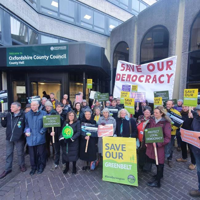 South Oxfordshire residents and councillors protesting outside county hall over the proposal to hand control over where new houses are build in their area to OCC.