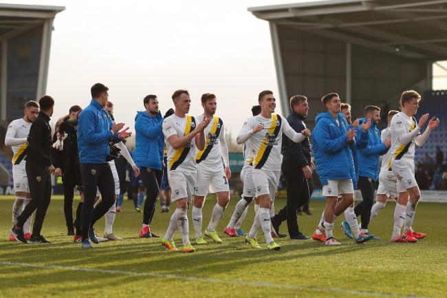 Oxford United celebrate their 3-2 win at Shrewsbury Town on Saturday Picture: James Williamson
