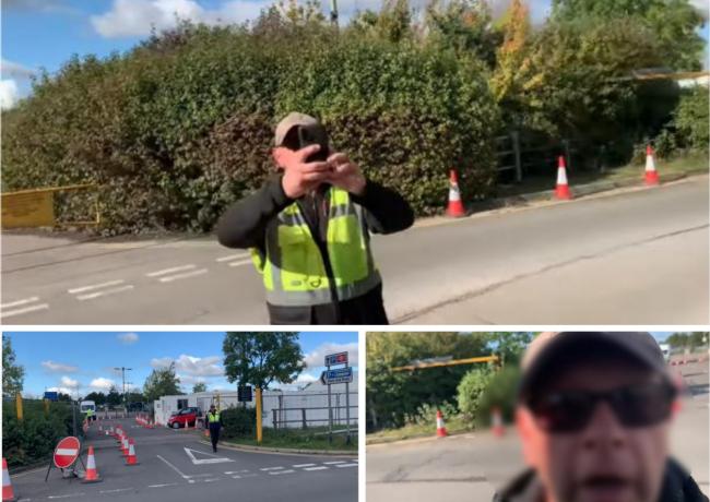 Screenshots from Auditing Britain YouTube video of security guard at Oxford Parkway Park and Ride Coronavirus test centre