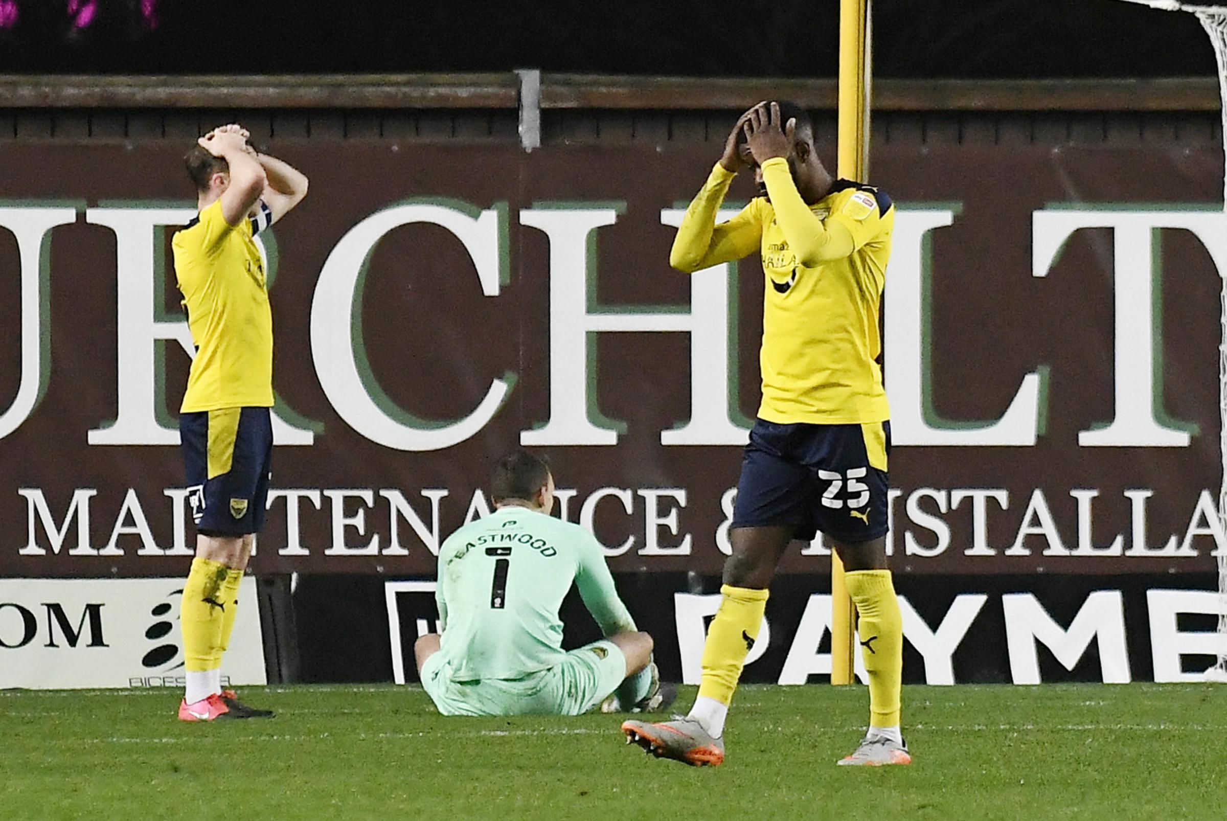 Oxford United cannot believe it as they concede late to lose to Swindon Town Picture: David Fleming