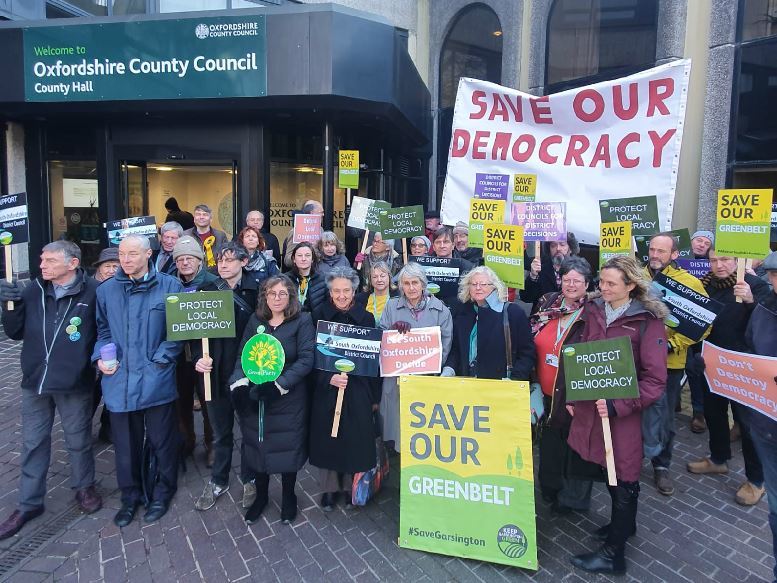 South Oxfordshire residents and councillors protesting outside county hall in January 2020 over the proposal to hand control over where new houses are build in their area to OCC.