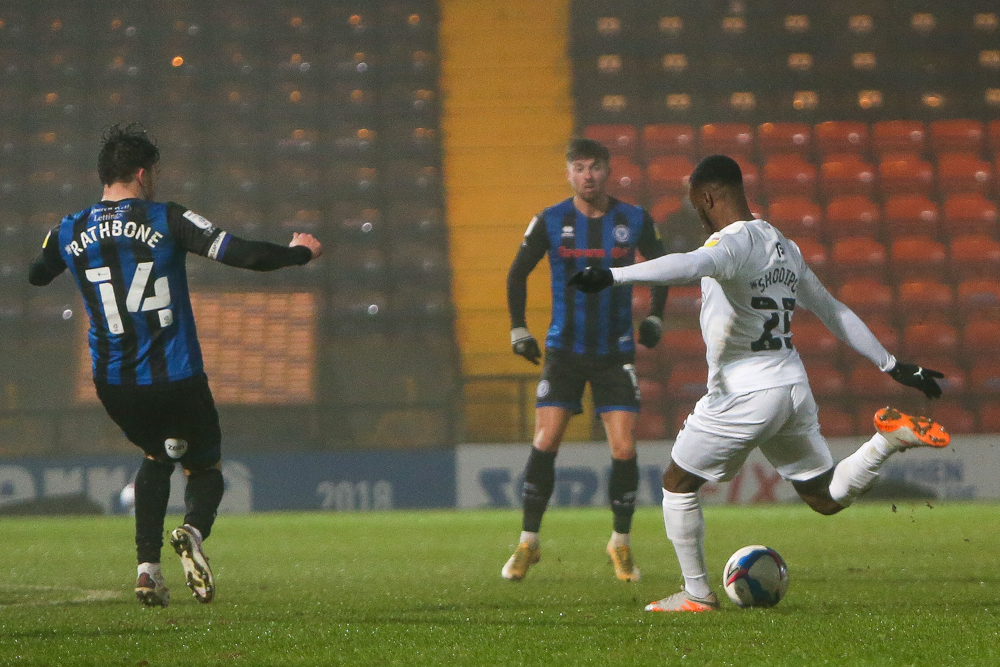 Mide Shodipos last-minute lob secures victory at Rochdale Picture: Simon Hall