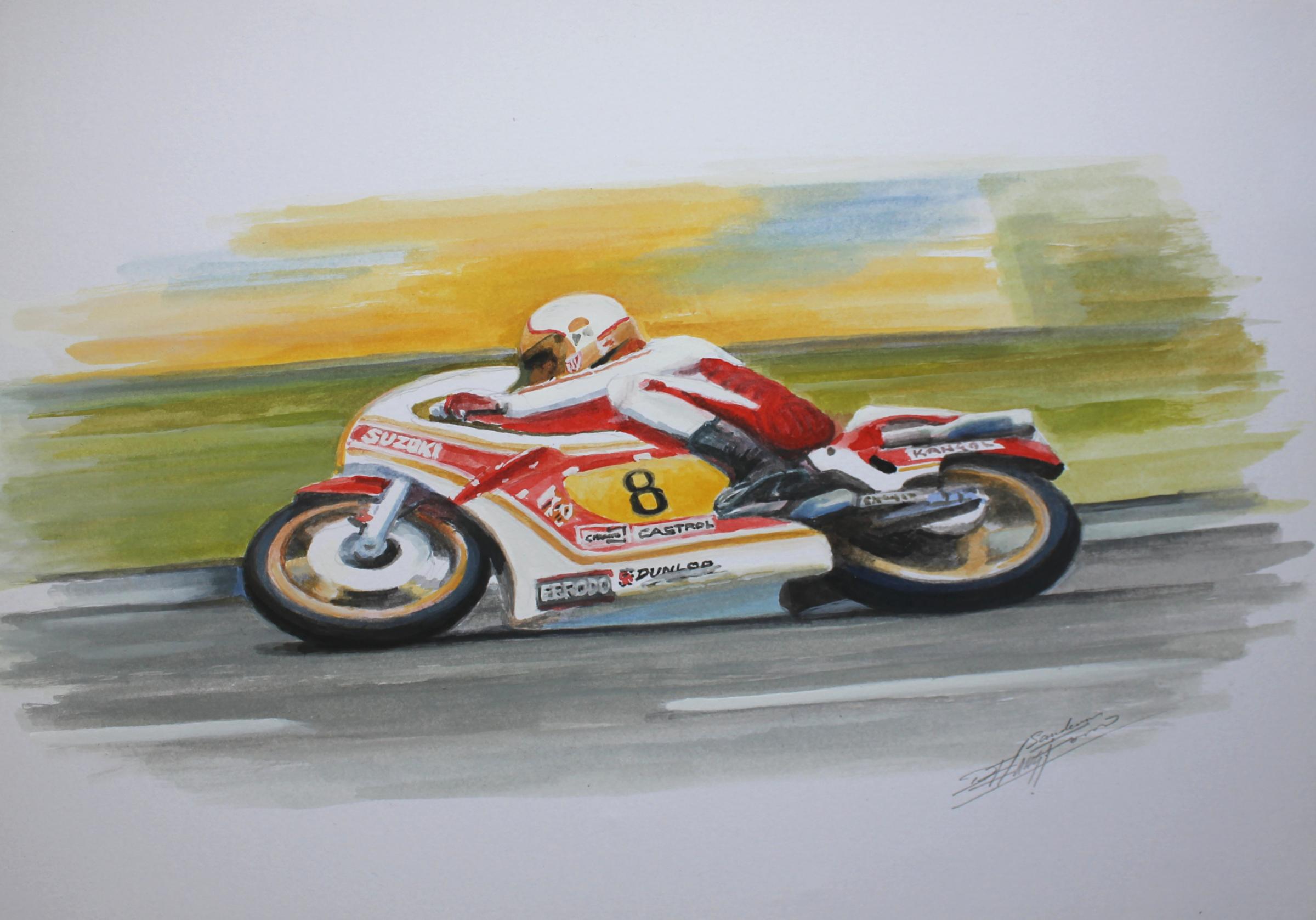 David Langford’s painting of Mike Hailwood winning his final Isle of Man TT race in 1979