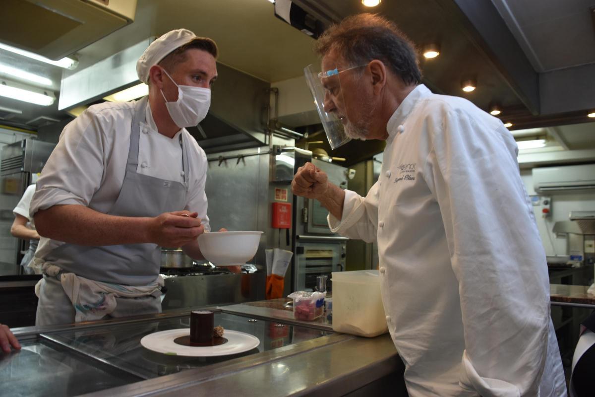 Raymond Blanc checks dishes at Le Manoir Picture: Tim Hughes 