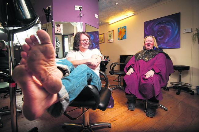 Colin Aldridge at Whispers salon in 2014, known for not wearing any shoes