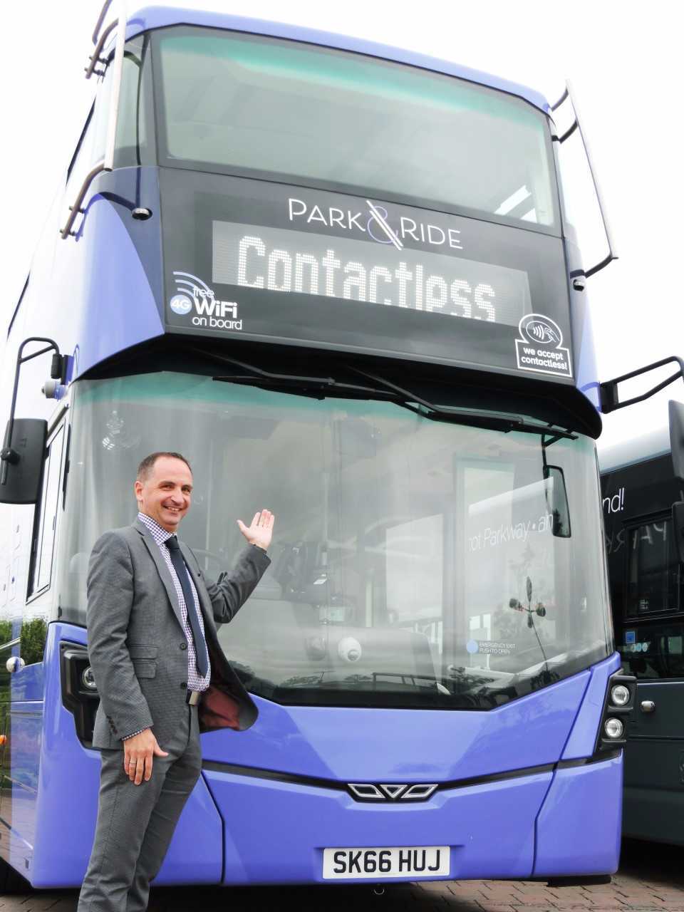 Oxford Bus Company managing director Phil Southall with a park & ride bus 