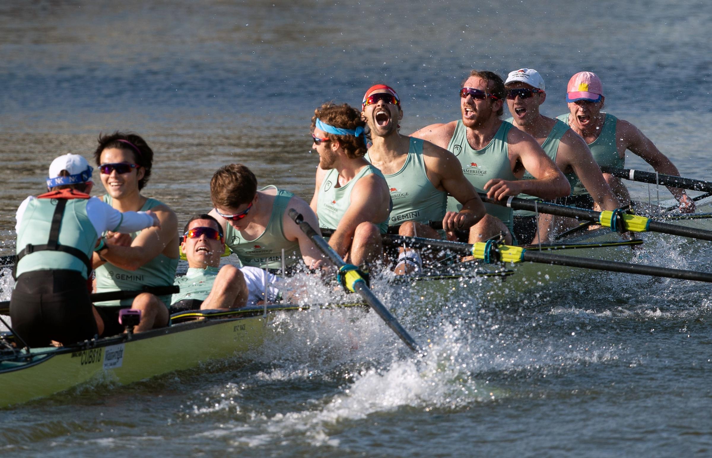 Cambridge celebrate winning the 166th Men’s Boat Race on the River Great Ouse near Ely in Cambridgeshire. Picture: Joe Giddens/PA