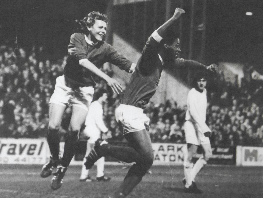 Stuart Beavon and Fitzie Dyce celebrate the first goal as Oxford head for a 2-1 victory over Liverpool in the 1974 semi-final at the Manor Ground