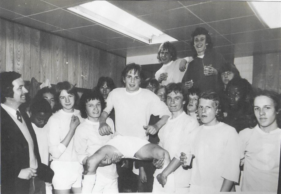 Goal scorer Jon Williams is chaired by teammates after Oxford Boys’ 2-1 defeat in the first leg of the 1974 final at Manchester