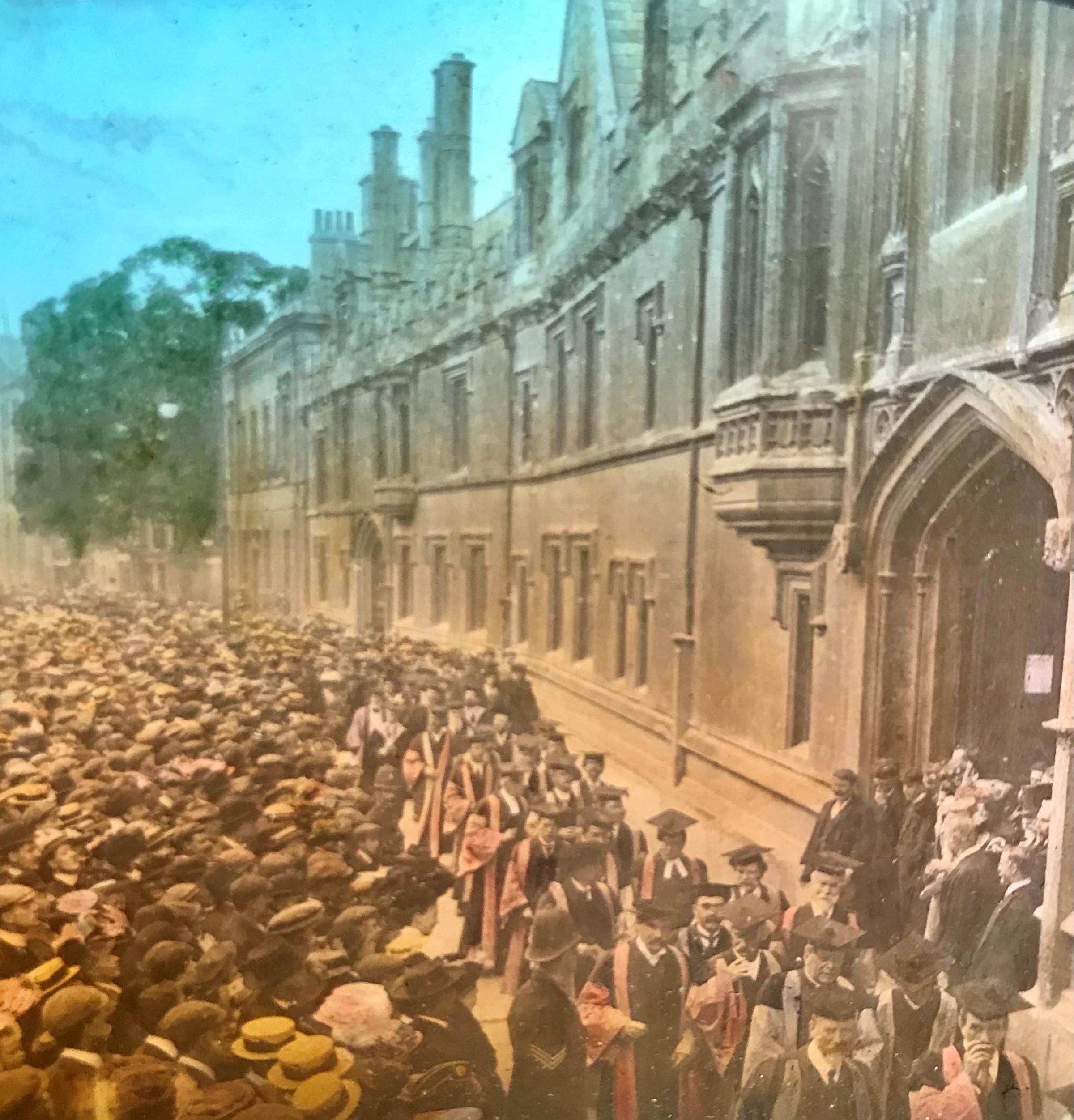 Henry Taunt’s Oxford slides. Left, Magdalen College and, above, entitled ‘Merrie England Procession to the Theatre’. Pictures by Marc West
