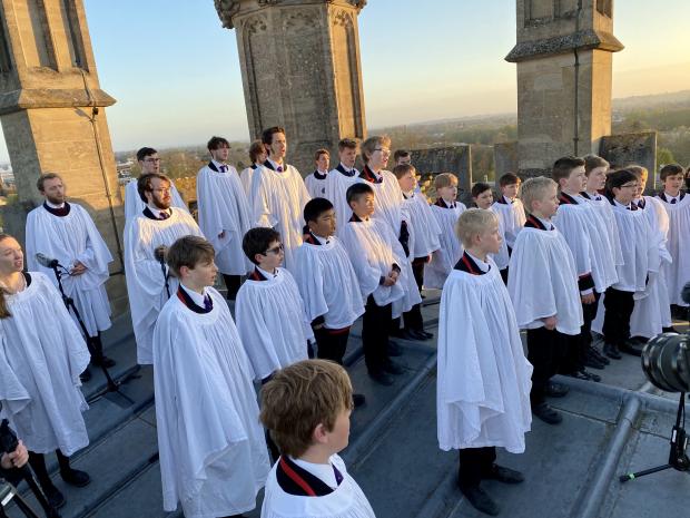 Oxford Mail: May Morning singers at the top of the Great Tower in 2021. Picture: Hugh Warwick