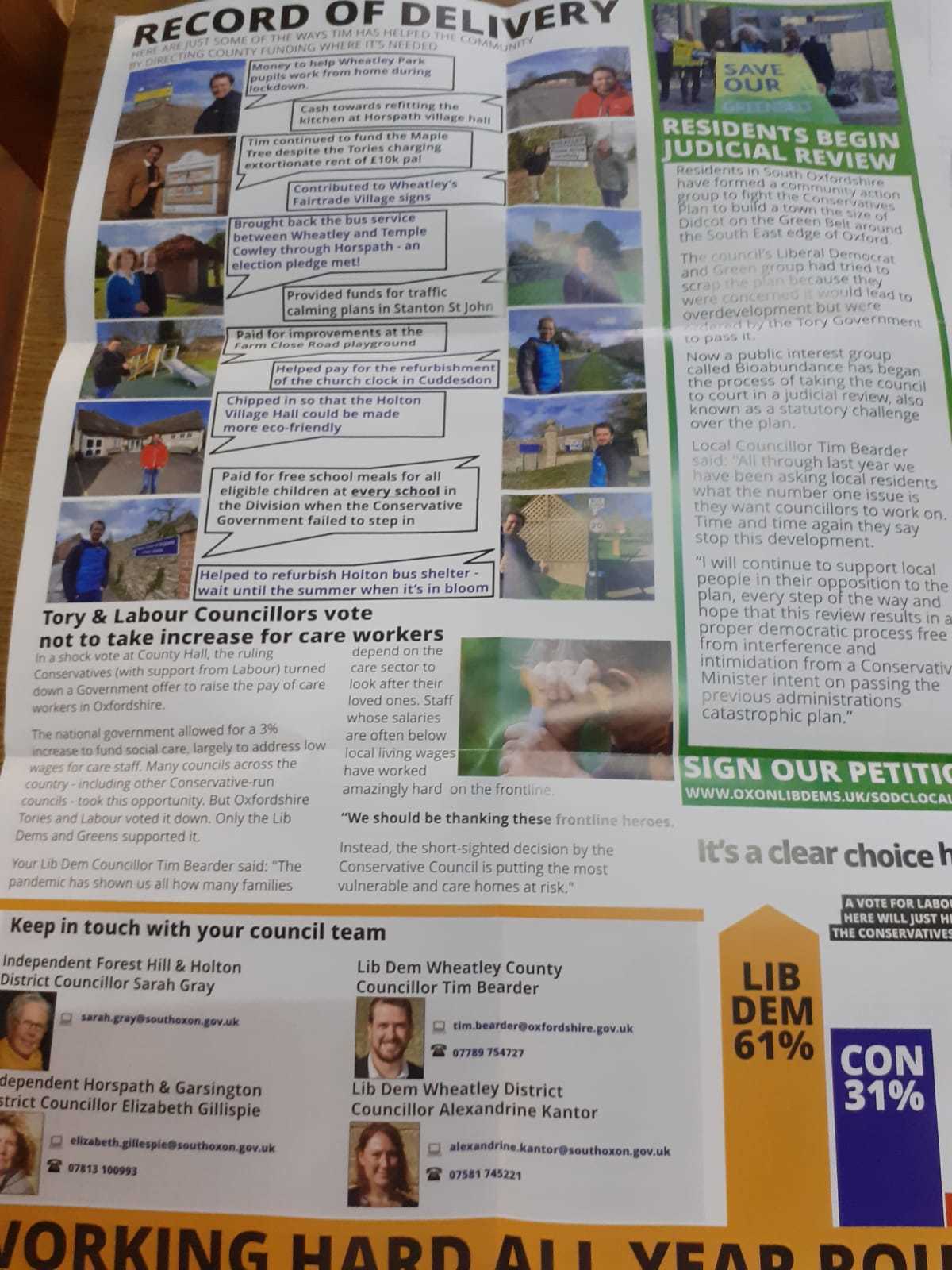 Tim Bearders record of delivery in an election leaflet.