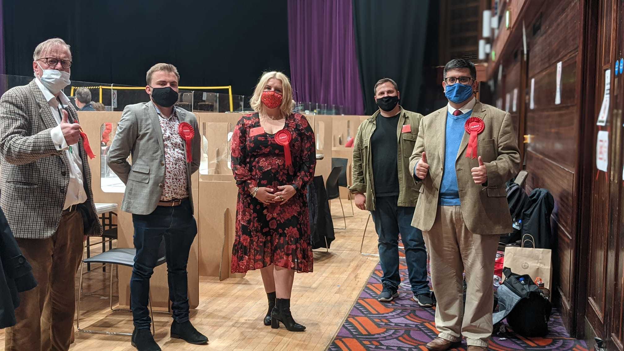 Labours five elected candidates. left to right: Nigel Bell (Holywell & West Watford), Dennis Watling (Callowland), Sara-Jane Trebar (Vicarage), Richard Smith (Leggatts), and Asif Khan (North Watford)
