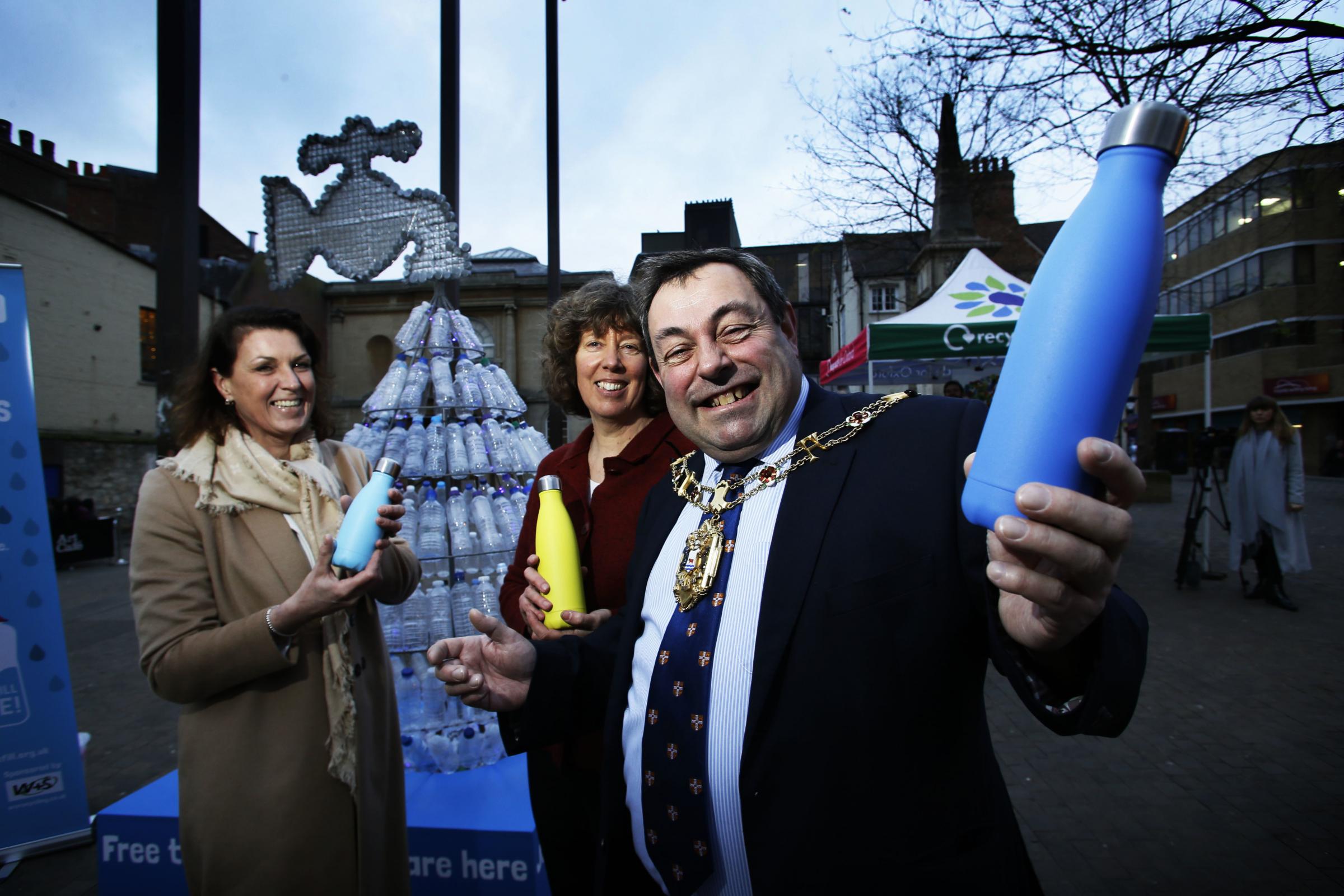 Lois Muddiman (centre), at the launch of the official Refill Oxford sculpture she created in 2019 at Bonn Square. Also pictured is her election rival and then-Lord Mayor Colin Cook. Picture: Ed Nix