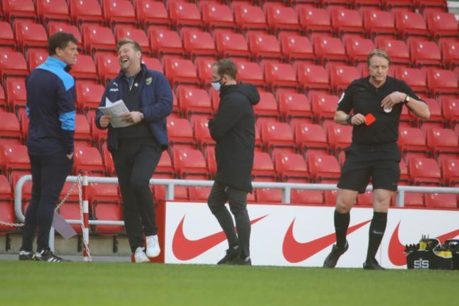 Karl Robinson turns away after Trevor Kettle sends him off at Sunderland Picture: Darrell Fisher