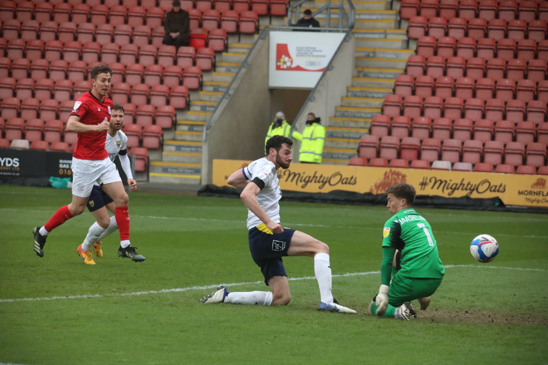 Elliott Moore scores Oxford Uniteds third goal at Crewe Alexandra to all-but wrap the game up before half-time Picture: Darrell Fisher