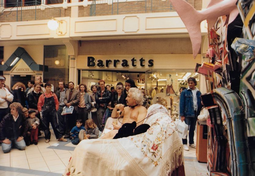An almost naked Bill launches Visual Artists’ Week in the Westgate Centre in 1987