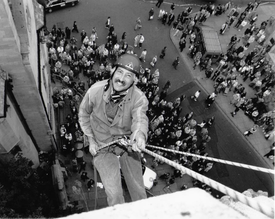 Bill abseils down Carfax Tower for charity in 1991
