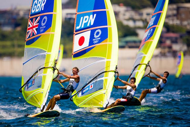 Tom Squires (left) in action on day one of the RS:X competition at Tokyo 2020 Picture: Sailing Energy/World Sailing