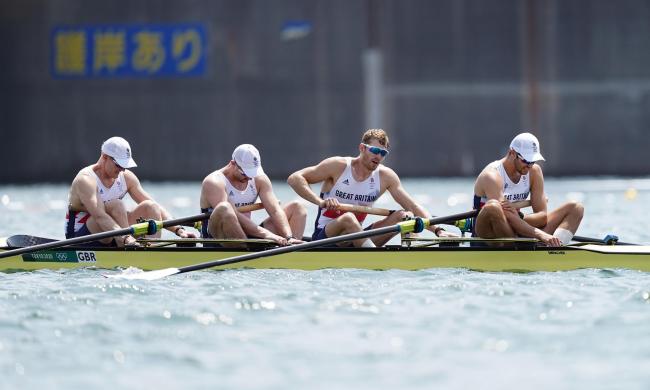 Great Britain's Oliver Cook, Matthew Rossiter, Rory Gibbs and Sholto Carnegie react to finishing fourth in the men's four at Tokyo 2020 Picture: Mike Egerton/PA Wire