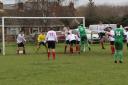 Harry Winn rises highest to score Saxton Rovers Reserves’ second goal in their defeat against Wargrave