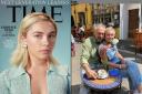 Florence Pugh on the cover of Time, left, and with dad Clinton outside Cafe Coco, which he owns, in 2021