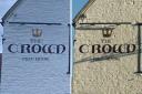 The sign outside the Crown in Marcham before the repaint (left) and after (right)