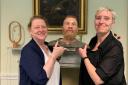 Pictured from left to right are Professor Dame Sue Black and Professor Caroline Wilkinson with the reconstructed skull