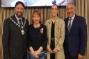 (l - r) Cllr Andrew Coles, deputy lieutenant of Oxfordshire Lynda Atkins, WODC Youth Champion India Mae Thompson and leader of WODC Andy Graham