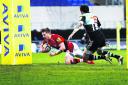 Paul Rowley bursts through to score an early try and put London Welsh ahead
