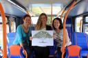 (From left to right) Jennifer Carr, Partnerships and Engagement Officer at Oxford City Council, Karis Harrington, winner of the GreenART competition with her piece Shake the Tree and Karen Coventry, Business Development Manager, Stagecoach in Oxfordshire.