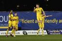 Charlie Raglan jumps for joy after scoring his first goal for Oxford United   Picture: David Fleming