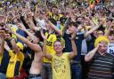 Oxford United fans celebrate at Wembley