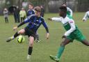 Toby Pattison shows neat control for Harwell & Hendred Under 15s, while under pressure from Oxford Irish’s Noah Alabi