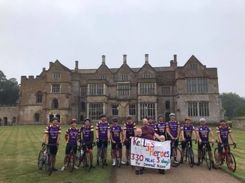 Kellys Heroes are cycling from Oxfordshire to Lands End in aid of charity Dementia Active Pictured: at the start of their ride, at Broughton Castle, near Banbury