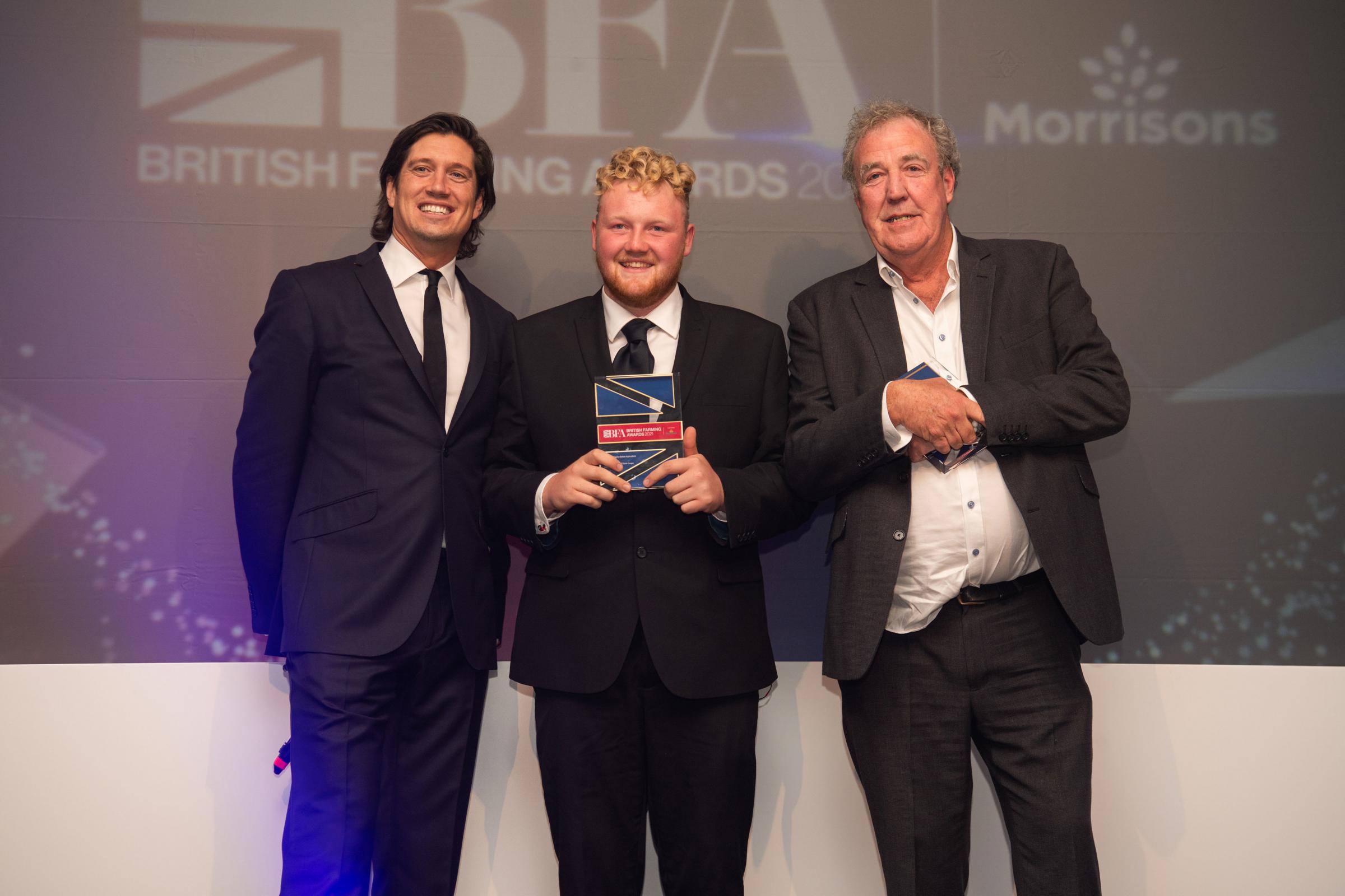 Vernon Kay, Kaleb Cooper and Jeremy Clarkson after he won the he won the flying the flag for British agriculture award at the British Farming Awards in Birmingham Picture: Amazon Prime Video Clarksons Farm/PA Wire