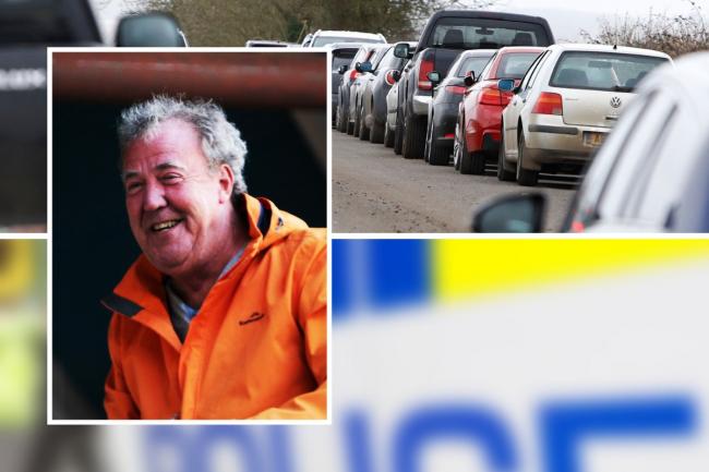 Inset: Jeremy Clarkson and, top, queueing cars at the opening of the Diddly Squat farm shop Pictures: ED NIX
