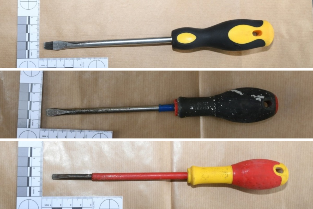 Selection of screwdrivers found in VW Golf after police chase in Banbury Picture: CPS
