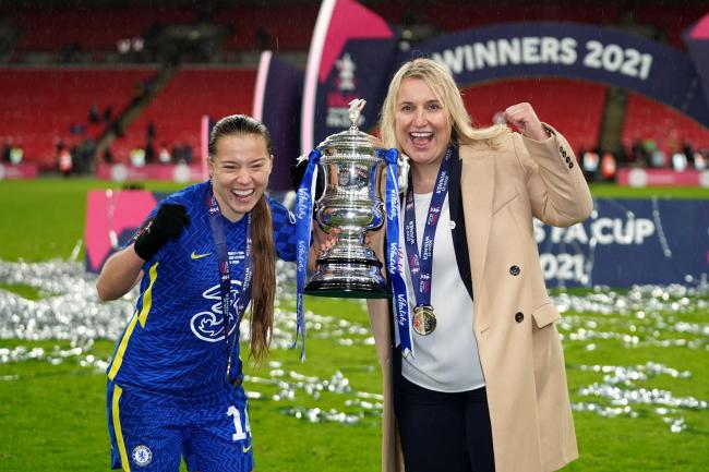 Chelsea manager Emma Hayes (right) celebrates with goalscorer Fran Kirby after the 3-0 women's FA Cup final win over Arsenal