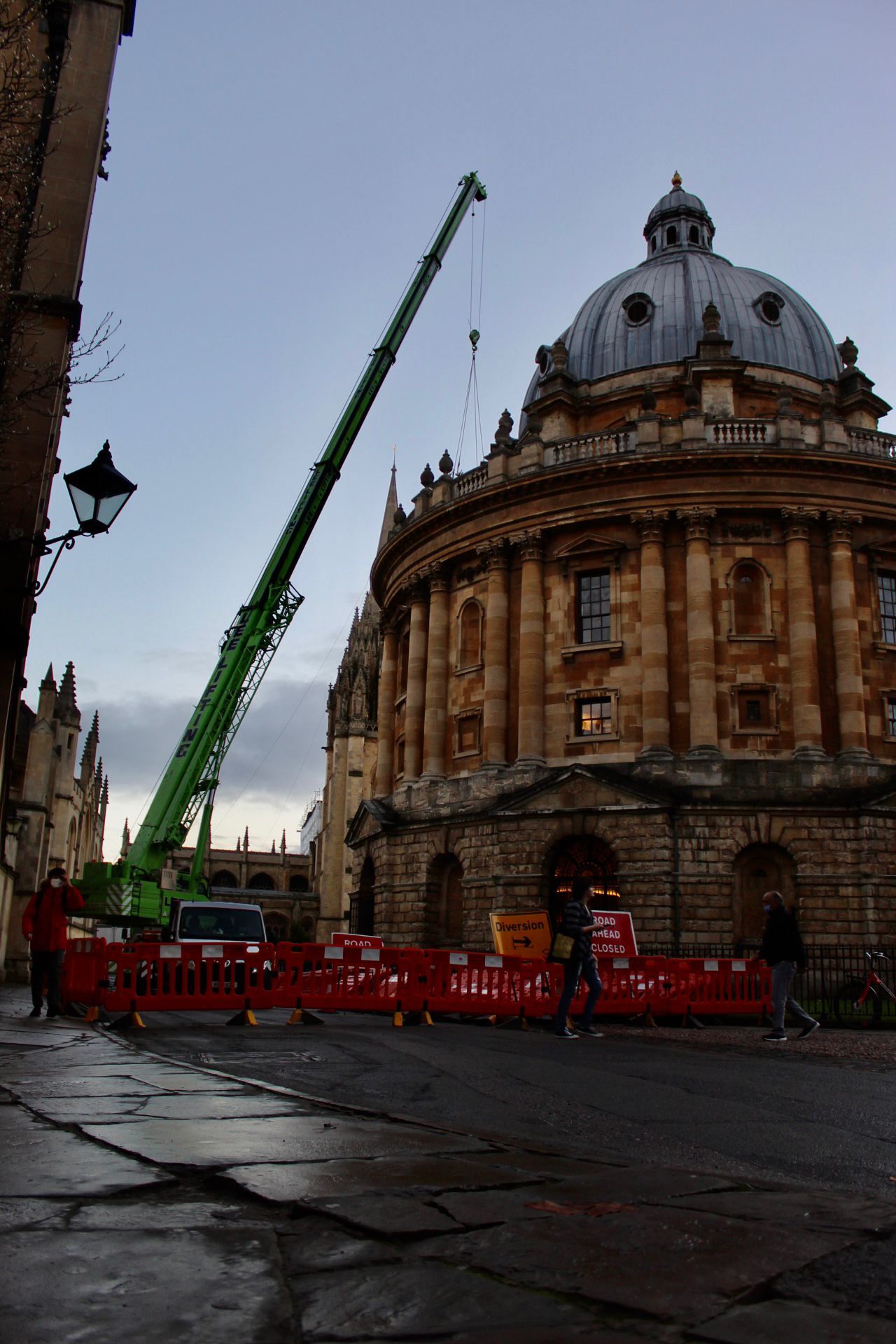 Workmen begin setting up for filming what is understood to be the new Willy Wonka film in Oxfords Radcliffe Square