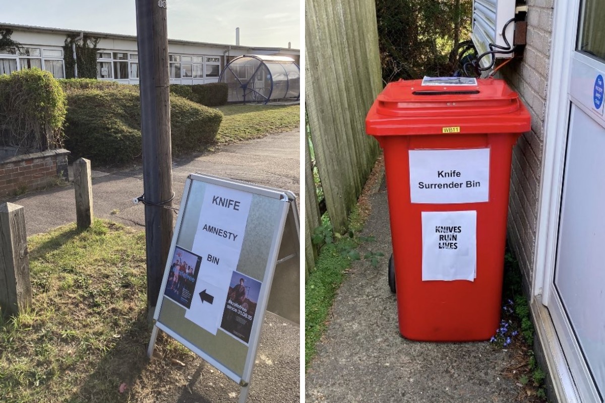 The knife amnesty bin outside Blackbird Leys policing point Picture: TVP