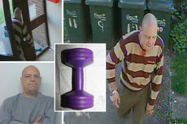 Clockwise from top left: Peter Hunter throws down a dumbbell; one of the weights recovered from his flat; Hunter places something into a bin after the attack; Hunter's police mugshot Pictures: TVP/CPS