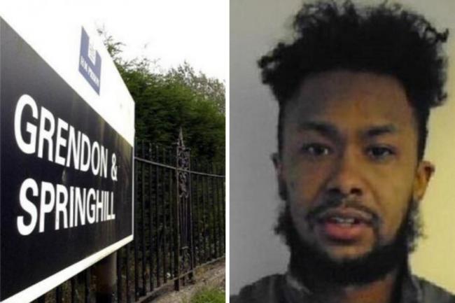 HMP Springhill, left, and Ishmale Hanson's mugshot issued after he absconded from prison Pictures: NQ/TVP