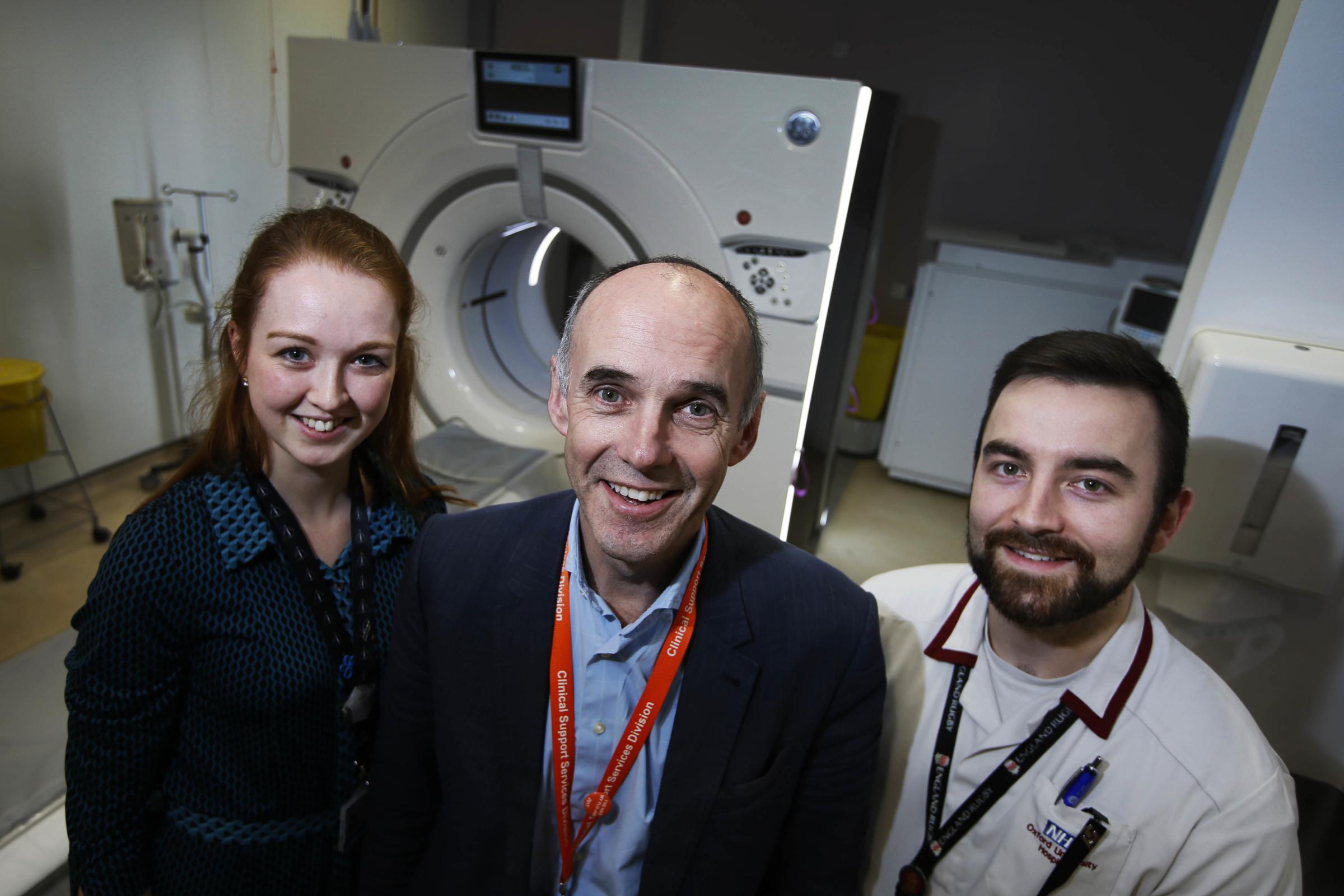 Prof Fergus Gleeson (centre), file picture from 2018 at The Churchill Hospital. Left, Julie-Ann Phillips (Scan Navigator), right Jonny Simmonds (Senior Radiographer) Picture: ED NIX