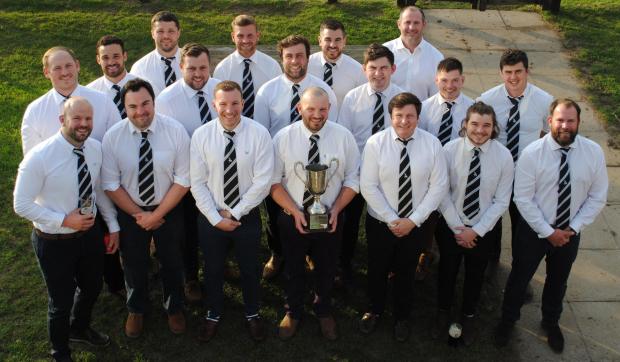 Oxford Mail: Players who represented Chinnor Falcons in the quarter-final and semi-final of the 2020 Oxfordshire Cup pose with the trophy at Kingsey Road Picture: Chinnor RFC Thame