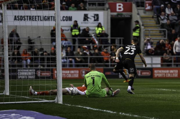 Dan Barlaser puts through his own net to give Oxford United the lead at Rotherham United Picture: Simon Hall