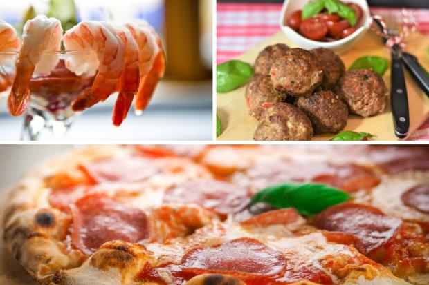 Oxford Mail: (Top left clockwise) Prawn cocktail, Meatballs, Pizza. Credit: PA/Canva