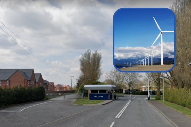 Entrance to Williams Racing in Grove near Station Road with inset of wind turbine image.