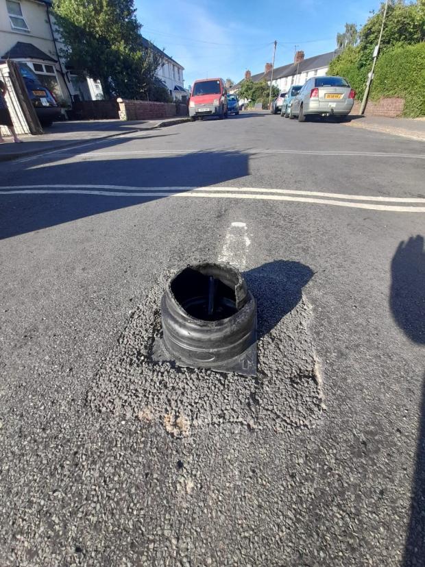Oxford Mail: The LTN bollard removed by firefighters in Clive Road. Picture: Amir Steve Ali