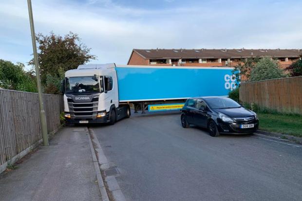 The lorry stuck in Savile Way in Grove by the entrance to the Coop loading bay. Picture: Simon Atkin